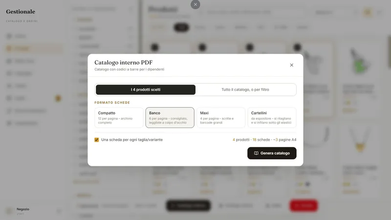 Generazione del catalogo PDF con codici a barre e scelta fra quattro formati scheda.