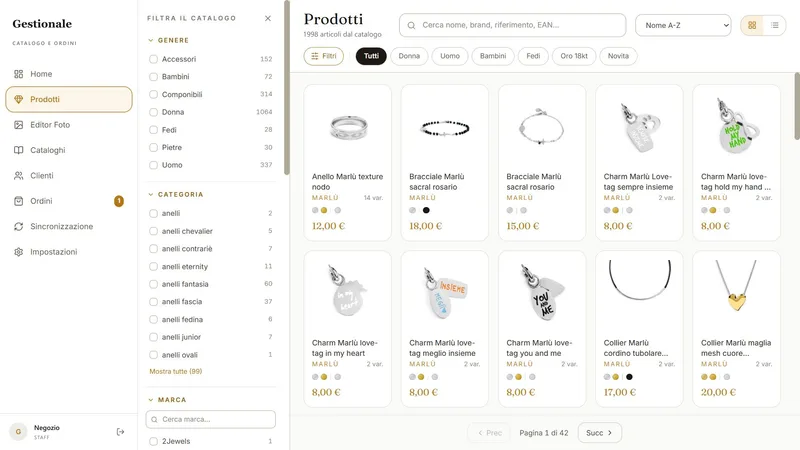 Catalogo prodotti del gestionale, con filtri per genere, categoria e marca e il conteggio degli articoli.