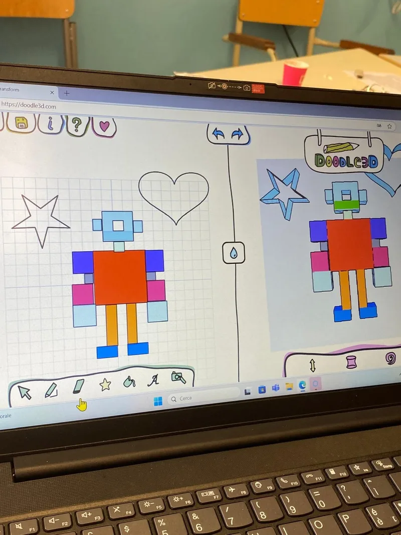 Schermo con il disegno 2D di un robot trasformato in modello 3D.