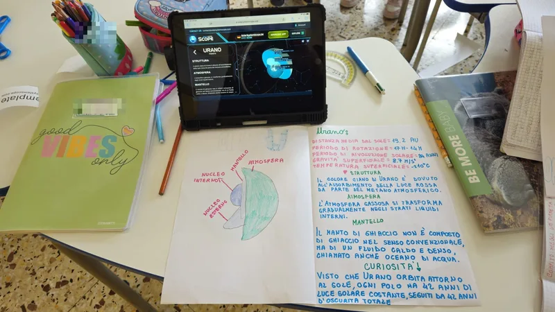 Banco con tablet, ricerca scritta a mano e disegno della struttura di Urano.