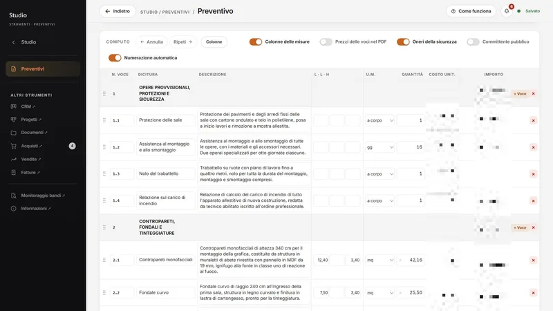 Editor del computo metrico con voci numerate, descrizioni estese, colonne delle misure e quantità calcolata.