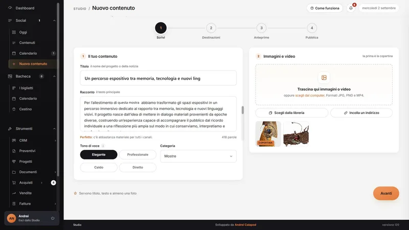 Redazione di un contenuto con titolo, testo principale, tono di voce, categoria e area per immagini e video.